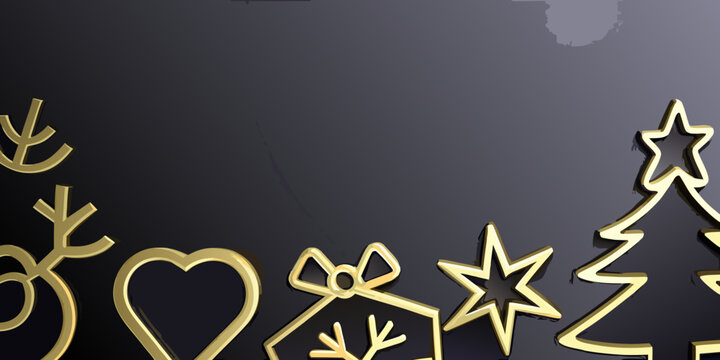 Elegant gold christmas ornaments border on dark background with copy space