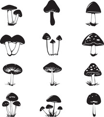 Simple mushroom icons and silhouettes perfect for organic design theme