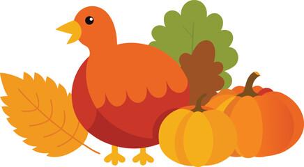 Thanksgiving day elements bundle vector illustration festive turkey pumpkin leaves icon eps