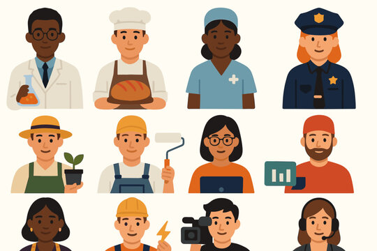 Diverse professions with male and female characters in various vocations