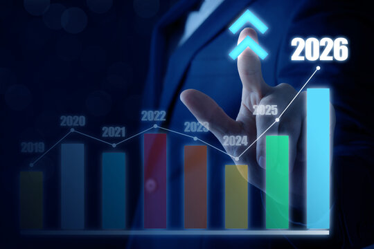 Businessman using virtual screen with graph and numbers of years from 2019 to 2026 against dark blue background, closeup. New year goals and plans - Powered by Adobe