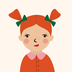 Little girl with freckles and red hair in piggy tails.
