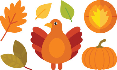 Festive thanksgiving day elements bundle with turkey and pumpkins vector illustration scalable eps