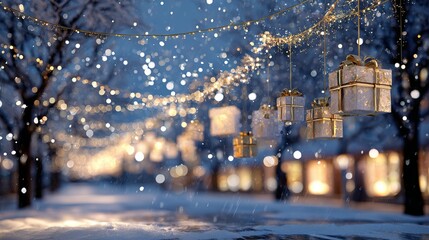 Magical winter scene with glowing fairy lights and elegant gift boxes hanging in snowy twilight