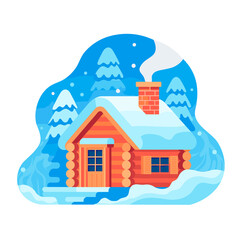 Cozy log cabin in snowy forest vector art on transparent background
