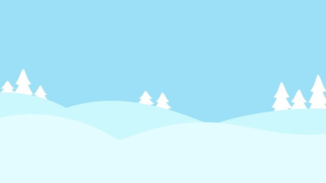 Winter animation with Christmas trees, snowdrifts, and a snowman with a hat on his head and a red scarf