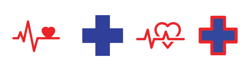 Obraz premium Vector art of medical symbols represent healthcare, wellness, and emergency services with heartbeats and crosses in red and blue colors on transparent background