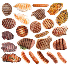 Grilled meat and sausages isolated on white, set