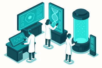 Scientists analyzing dna and data in a lab setting with advanced technology