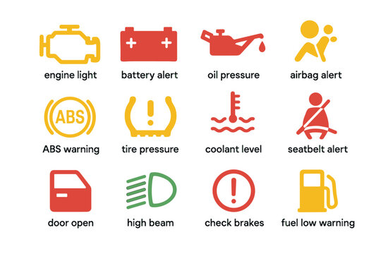 Vehicle dashboard warning icons: engine, battery, oil, airbag, abs, tire, coolant, seatbelt