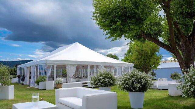 Outdoor event setup with a white canopy tent, white lounge seating, and potted plants on a green lawn under a blue sky.