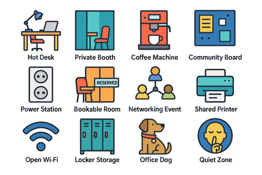 Modern office amenities icon set: hot desk, coffee machine, networking, and more