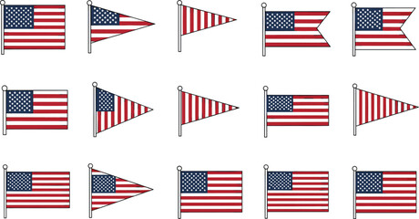Collection of American Flags in Different Styles and Orientations on White Background Keywords: American flag, USA flag, stars and stripes, flag, banner, united states, america, patriotism