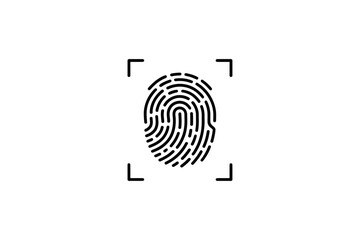 A fingerprint scan is centered within a square scanner frame, symbolizing biometric identification.