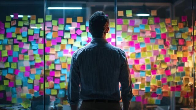A man stands with his back to the camera, facing a glass wall covered in colorful sticky notes.