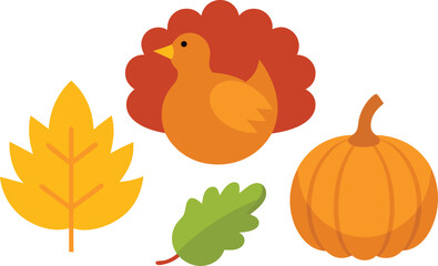 Thanksgiving day elements bundle vector illustration turkey pumpkin autumn leaves icons