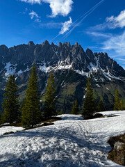Fototapeta premium Mountain peaks and snow trail. Majestic rocky peaks of the Hochkönig massif under a bright blue sky, with traces of snow and evergreen pines creating a perfect alpine atmosphere.