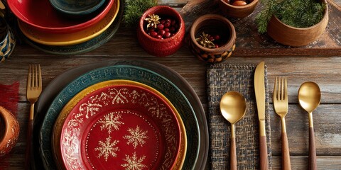 Elegant christmas table setting with red and gold plates and golden cutlery