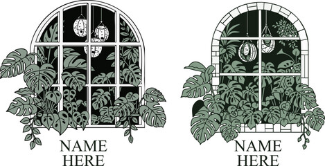 Two arched windows with monstera plants and hanging lights in a minimalist style © Design