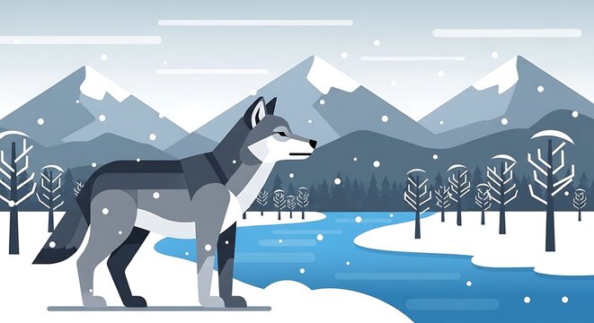Wolf in snowy mountain landscape.