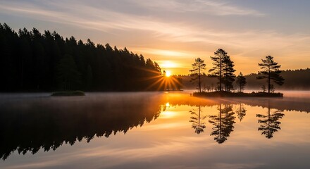 Obraz premium Sunrise over misty lake pines.