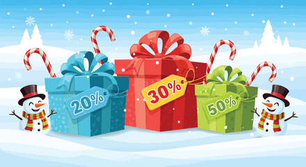 Vector illustration of christmas gift boxes with discount tags and candy canes, surrounded by snowmen and falling snow, festive winter holiday sale concept