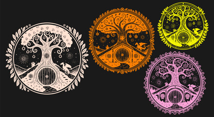 Hobbit hole beneath a tree of life in a whimsical fantasy world illustration