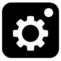 Vector art of a white gear icon with a smaller white circle in the top right corner, set against a black square background with rounded corners