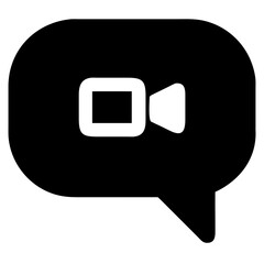 Vector art of a bold, solid black icon featuring a video camera symbol within a speech bubble, indicating a video message or chat