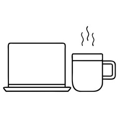 Vector art of line art illustration of a laptop and a steaming mug of coffee on a