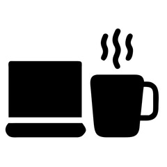 Vector art of black silhouette icon of a laptop and a steaming mug of coffee on a