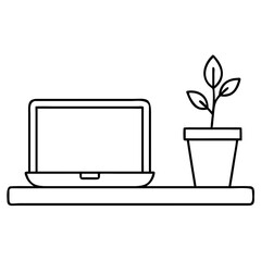 Vector art of minimalist illustration of a laptop and a potted plant on a shelf, symbolizing work, growth, and home office setup