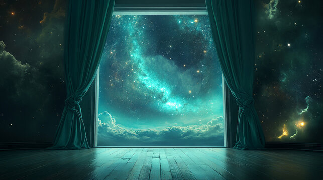 curtain opening to reveal a vast galaxy beyond, blending the intimacy of a domestic setting with cosmic infinity, symbolizing wonder and limitless imagination. - Powered by Adobe