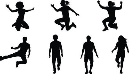 Silhouette people jumping and walking poses, energetic human motion, active lifestyle concept, fitness movement illustration, vector man and woman activity design