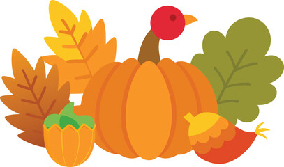 Thanksgiving day elements bundle festive turkey pumpkin autumn leaves vector illustration