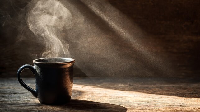 Steaming cup of dark coffee on rustic wooden table bathed in warm sunlight rays creating a cozy morning atmosphere - Powered by Adobe