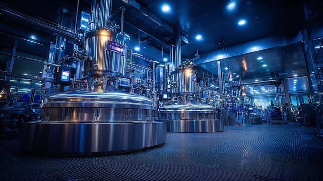 A modern stainless-steel industrial facility with large fermentation tanks and interconnected piping.