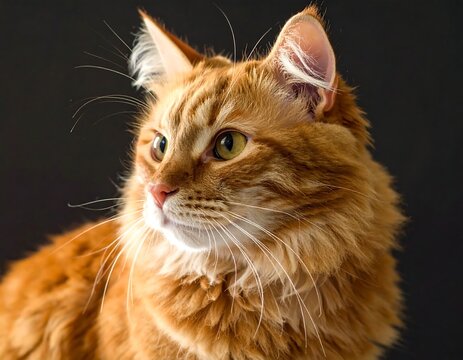 A ginger long-haired feline poses in front of a dark backdrop