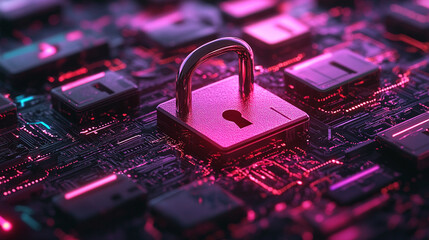 3D rendering of digital padlocks floating over abstract technology background. Represents cybersecurity, personal data protection, online safety, encryption, and modern digital security solutions.