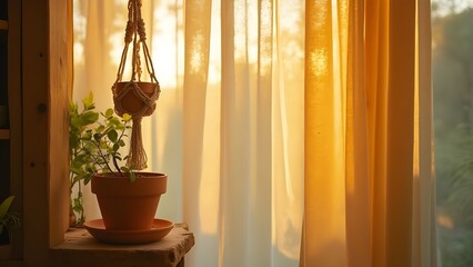 Potted plant serene by window basking in soft morning light representing calm indoor greenery against sheer-curtained window