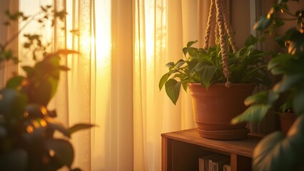 Hanging potted plant serene basking in golden light against sheer curtain backdrop with copy space
