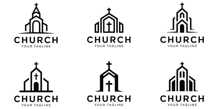 Set of six stylized church icons and logos with christian cross motifs scalable vector graphics