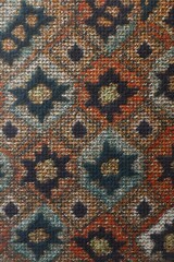 Geometric star pattern fabric in blue, teal and orange used as rustic textile background