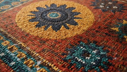 Woven textile close-up in bold warm colors representing handcrafted geometric motif
