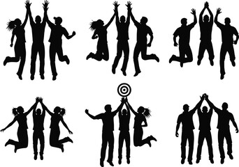 Jumping group silhouettes, celebration pose, teamwork success, raised hands, target symbol, expressive motion, unity, joy, achievement, dynamic energy, fun