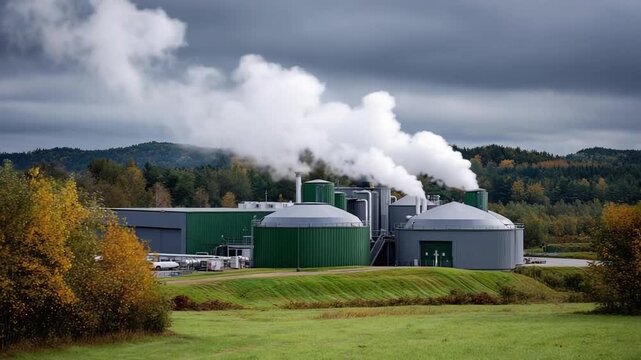 A biogas plant with large circular digesters and steam rising from chimneys in a rural area.