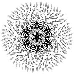 Intricate black and white tree of life illustration within a circular stained-glass style design