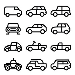 Collection of hand drawn vector cars and vehicles outline icons scalable for various design projects