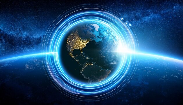futuristic sci fi earth with glowing rings and energy beams in space