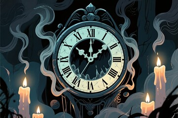 Antique clock surrounded by candles Roman numerals  smoky tendrils in dark muted palette
